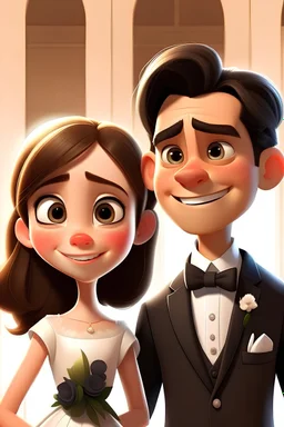 Portada de Pixar en una boda, una chica joven con vestido blanco de novia cabello castaño largo y ojos cafés sonriendo, junto a un chico joven alto con traje negro y moño negro cabello castaño corto y ojos cafés en su boda