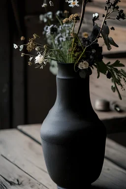 detail image of an old black ceramic vase with flowers on a wooden table. modern farmhouse style with rustic feeling.
