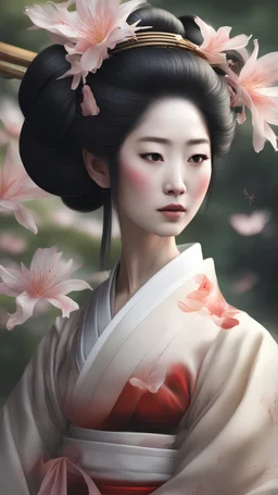 In a traditional Asian garden, Geisha Lily, with her beautiful face and flowing hanfu dress, elegantly holds a zen calligraphy brush. The serene setting showcases a stunning, photorealistic masterpiece with perfect lighting and shading.