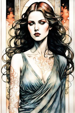 create a deeply evocative, and darkly magical full body ink wash and watercolor illustration of an epic fantasy raven maiden girl with highly detailed and deeply cut facial features, in the style of EDWARD BURNE-JONES, WILLIAM MORRIS, and KATHE KOLLWITZ combined with the comic art style of BILL SIENKIEWICZ and JEAN GIRAUD MOEBIUS, searing lines and forceful strokes, precisely drawn, inked, and colored