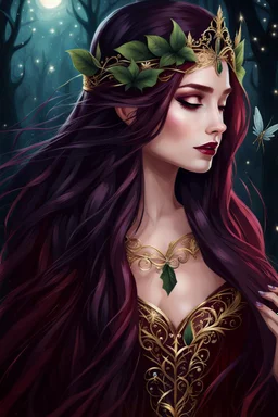 Burgundy hair, dark hair,dark red , rapunzel hair,very long hair,dark fairy princess,elven crown,night,dragonflies,beautiful,ong ashes,golden armor ,sparkle,night blooming,ivy,dark green,lilly of valley,golden elven crown