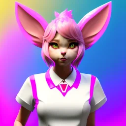 waitress teenager, cat ears latex headband, rounded face, pink short hair, pink makeup, striped shirt, vibrant color, highly detailed, gradient background, concept art, smooth, 16 bit, unreal engine 5, god rays, ray tracing, RTX, lumen lighting, ultra detail, volumetric lighting, 3d, finely drawn, high definition, high resolution.