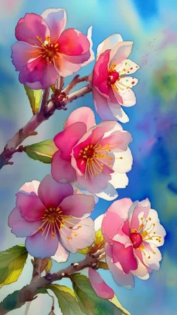 Blooming cherry flowers, watercolor, watercolor painting, beautiful flowers, spring, beautiful painting, sky