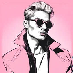 Fashionable blonde man in pink coat and sunglasses posing on pink background. Fashion woman cloth flyer design. Beauty, fashion. Advertisement concept with wide copy space for text.
