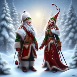 two elves. woman and man. Christmas scene. photorealistic. low-key