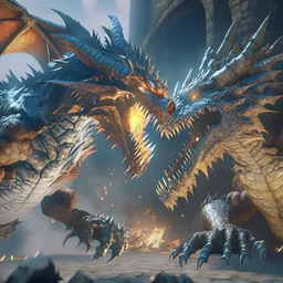 giant colossal different types of dragons fight each other, by grek rutowski, unreal engine 5, 8k resolution, photorealistic, ultra detailed