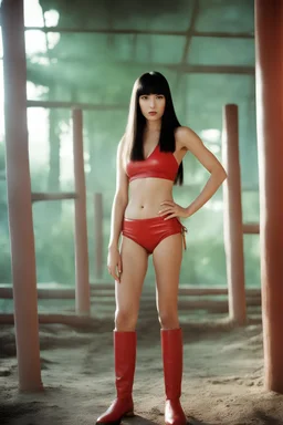 full color Portrait of 18-year-old Lenna Nimoy, with long, straight black hair, the bangs cut straight across the forehead, with a stacked body wearing a red leather bikini - well-lit, UHD, 1080p, professional quality, 35mm photograph by Scott Kendall