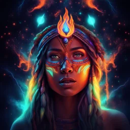 Cosmic dream face, woman, neon, abstract, amazing shadow and lightning, 4k, cinematic, glowing eyes, cosmic, face, dream, space, stars, amazing, art, glowing, fire, fantasy, crazy, ultimate, club, insane, hippie, native american, digital painting, watercolor