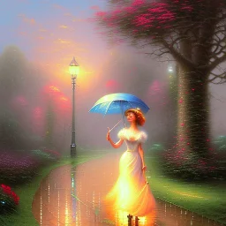 Painting of a Woman Walking in the Rain with an Umbrella, American Romance Painting, 4K Matte Thomas Kinkade, Thomas Kinkade, by Thomas Moran, inspired by Michael Komarck, ( ( Thomas Kinkade ), Thomas Kinkade, Thomas Kinkade, Thomas Kinkade Style, Thomas Kinkade Painting, Spring Eve, by Thomas Kinkade