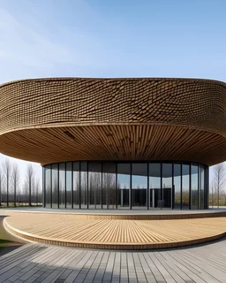 circular building, one story, kengo kuma style facade, wood, modern design, raw photo
