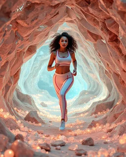 make a video pretty crystal cave covered with jewells and CIFI jewell lights and 3d recursive cubic and sphere base pearls and a beautiful fashion model lady with cute,curvy hair,makeup, in pretty sports suit is running inside cave ,dynamic camera fallow her inside cave capturing full body, dynamic lights.