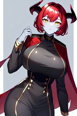 Female, Demon, Grey Skin, Red Hair, Yellow Eyes, Red Horns, Black and Gold Military Uniform