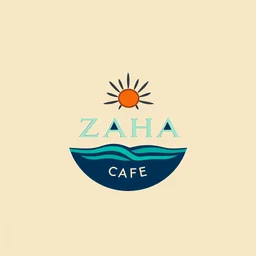 A circular logo with the name (ZAHA) designed for a cafe with the sun symbol and turquoise and indigo colors.