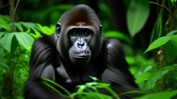 A young gorilla with dark fur and a thoughtful expression, sitting amidst lush green foliage