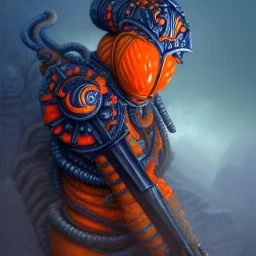 an orange fruit warrior in full navy blue and orange battle armor, a highly detailed illustration, background of Inka jungle, realistic render, 8 k, micro detail, intricate, elegant, centered, digital painting, Artstation, smooth, sharp focus, illustration, artgerm, tomasz alen kopera, peter mohrbacher, donato giancola, joseph christian leyendecker, wlop, boris vallejo