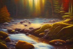 Oil painting with knife, Rapides, Cascade, River Moose, Noon Sun, Under the Rockwoods.