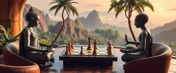 alien yoga buddha chess masters playing serious chess on hex map in lounge on beautiful lush planet
