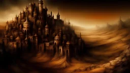 watercolor, misty, arid city, medieval city, fantasy, arid, high-resolution, dark earthy colors, background, landscape