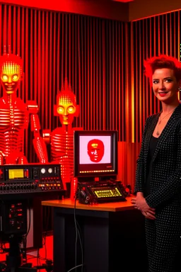 Portrait of a radio host and a Terminator-style robot in a burning radio studio