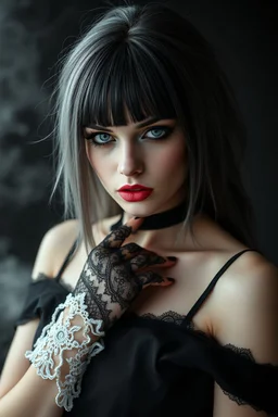 a mystic beauty goth woman with pale skin, black-silver hair, , goth style makeup. She wearing a stylish nice black dress and lace gloves, she gazes mysterious , mystic dark vibe, fog, shadows