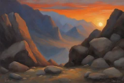 sunset, rocks, mountains, mistery, dark philosophic influence, auguste oleffe and sidney starr painter impressionism paintings