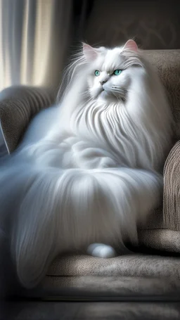 White cat, long hair, sitting on a sofa hdr