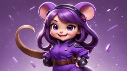 (cartoon), masterpiece, best quality, GadgetHackwrench,1girl, (minigirl),action pose, outside, mouse ears, purple jumpsuit with leather belt,tail, long hair, smiling,portrait, dutch nagle, particles, angry, solo, teeth, parted lips