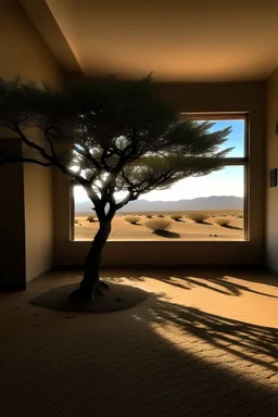 منضر صحراء خالية وفيها شجرة وحجرة