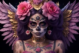 beautifull girl sugarskull,whit tattoo, pretty eyes, big wings, photography, soft light, volumetric lighting, ultra-detailed photography, black background, Perfect anatomy, super high resolution + UHD + HDR + highly detailed, hyperrealistic, dynamic lighting, RED METALIC and gold, PINK colors, STARS BACK AND MOON, FLOWERS PURPLE ARROUND, aztec queen.