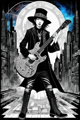 Mixed media picture, the background is black and white line art cyber city In the middle a colorful photo of an attraktive goth asian man playing on the old guitare , wearing goth dark cloths, shiny black jeans, steampunk black hat and black boots, his hair is deep blue-silver lines ans black colors, enhancing the contrast between her and the black and white cityscape space, cinematic