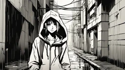 A brutalist architecture cyberpunk alley in a simple anime style, grayscale, rainy, dark, pitch black, foggy, with a girl wearing techwear clothing and a hoodie up leaning against the wall and showing her serious/emotionless face, with a more tanned skin tone, on the right side of the image