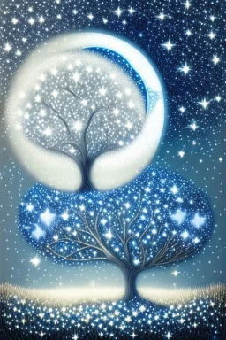 a background of softly blended blues, greys, silvers, and whites with distant, twinkling stars in the sky, an a circle moon casting a soft glow of light on a foreground of a field of various flowers surrounding a tree of life