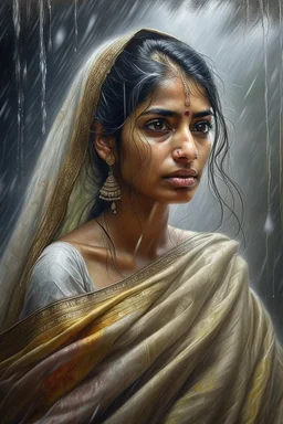 A stunning Indian woman in a damp, off-white saree, her face hidden behind the fabric, stands against a backdrop of rain and wind in a hyper-realistic oil painting by Philipp Weber. The woman's intricate features are highlighted by the artist's skilled brush strokes, capturing the essence of her beauty and vulnerability. The details in the painting, from the delicate folds of the saree to the subtle expression on her face, are incredibly lifelike, truly showcasing Weber's talent and attention to