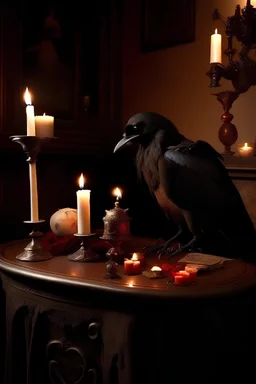 raven in victorian clothes, "box of chocolates", Candle Light, Fireplace,