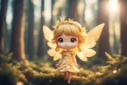 cute chibi golden fairy in a pinetree forest in sunshine, ethereal, cinematic postprocessing, dof, bokeh