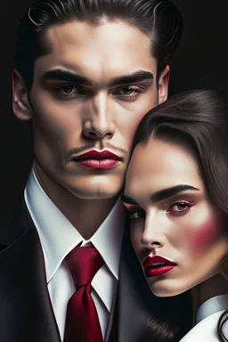 The cover features a stunning, hyper-realistic photograph with a sharp focus on the detailed attire of the mafia boss—a tailored suit exuding power and sophistication. Beside him stands the beautiful girl, her gradient lips and rosy cheeks captured in exquisite hyper-realism, their expressions evoking emotions of passion and depth. The white background accentuates the characters' striking appearances and the fine details of their outfits, creating an aesthetic contrast.