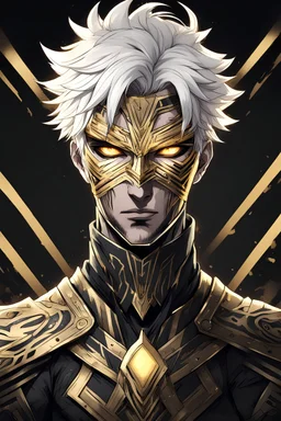 Simple Anime Style drawing, 39 year old Adult Male, Short Messy White Hair, Glowing golden eye surrounded by dark lines, Black tribal tattoo covering face, black and gold armor