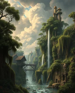 Bosch painting style, nightmare , the hanging gardens of Babylon, trees , building waterfalls , great quality picture with cinematic scenes , heavy clouds in the background