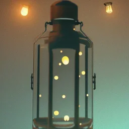 fireflies in a lantern, many ghostly lights inside a belljar, fairy lights, polaroid, symmetry, luminescent glow, moody, tender, photorealistic, octane render, golden hour