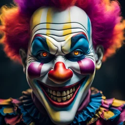 a robotic face of a clown, colorful vibrant colors, villanous grin smile, cinematic, Dark DC comics movie effect