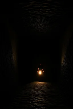 character in semi-darkness, on the scree cone of an underground room dimly lit by daylight coming from a well located forty meters above.