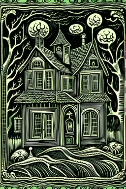 Linocut haunted house