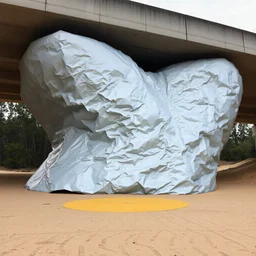 Fotografia di una grande struttura che sembra composta da un materiale che ricorda una superficie stropicciata o accartocciata, di colore argentato o grigio chiaro, posizionata sotto una struttura di cemento (forse un ponte o una piattaforma sopraelevata). La forma sembra piegarsi e deformarsi in modo fluido, come se il materiale fosse stato compresso. Il terreno circostante è sabbioso, mentre una piccola macchia di colore giallo si vede in basso. Sullo sfondo ci sono alberi e cielo marrone