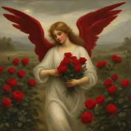 a woman in a greenfield carrying red roses with the angel behind