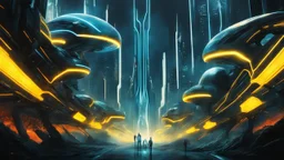 tron legacy movie, creatures,, space ships, city of the future, trees , forest, yellow, blue, red