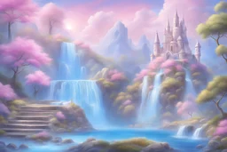 little fairy subtil landscape with bright colourscrystal and precious stone,waterfalls, pink trees, fairy beings and light blue and brightness sky.