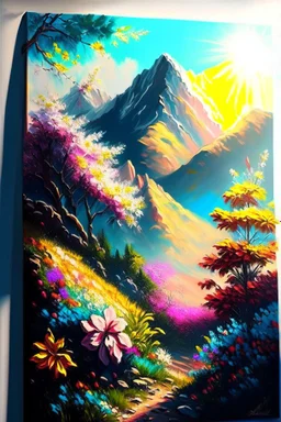 full light,highlight, trees, hill, day, sun day, an idyliic mountains with bright colorful flowers, mountains, sun,flower, paradise, on a canvas. realistic art, brush, pencil, detailed