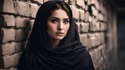 Hyper Realistic Young-Beautiful-Pashto-Women-With-Beautiful-Eyes-giving-bold-expressions in black shawl peeking-half-faced from a cracked-brick-wall at night with dramatic & cinematic ambiance