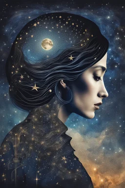 Double exposure of a female person's profile and a utopistic starry night sky, dramatic mood, dark depressive style, highly detailed intricate, surreal, stunning