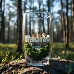 Create hyper-realistic photo of a glass tumbler in a wild forest. Inside, a miniature [Madrid] with landmarks. A trasparrent 3D text of [Madrid] blends naturally into the landscape . Soft bright daylight, reflections, and subtle imperfections like fingerprints. DSLR quality, sharp focus.